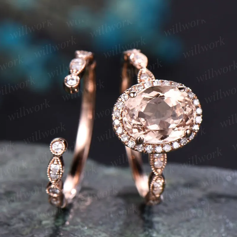 Vintage morganite engagement ring set unique diamond ring set rose gold ring set for women open gap wedding band marquise ring set jewelry made by Willwork Jewelry