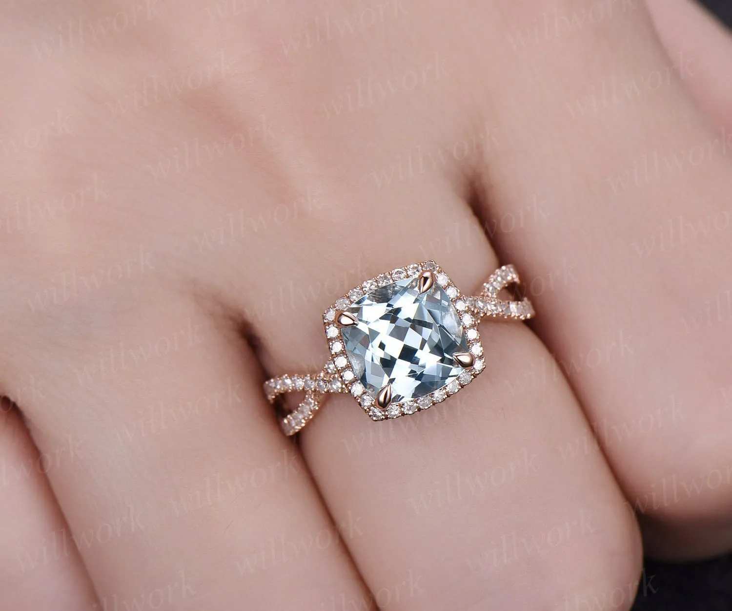 8mm cushion halo cluster aquamarine engagement ring 14k rose gold halo infinity diamond unique March birthstone wedding ring band for women sold by Willwork Jewelry product image thumbnail 2