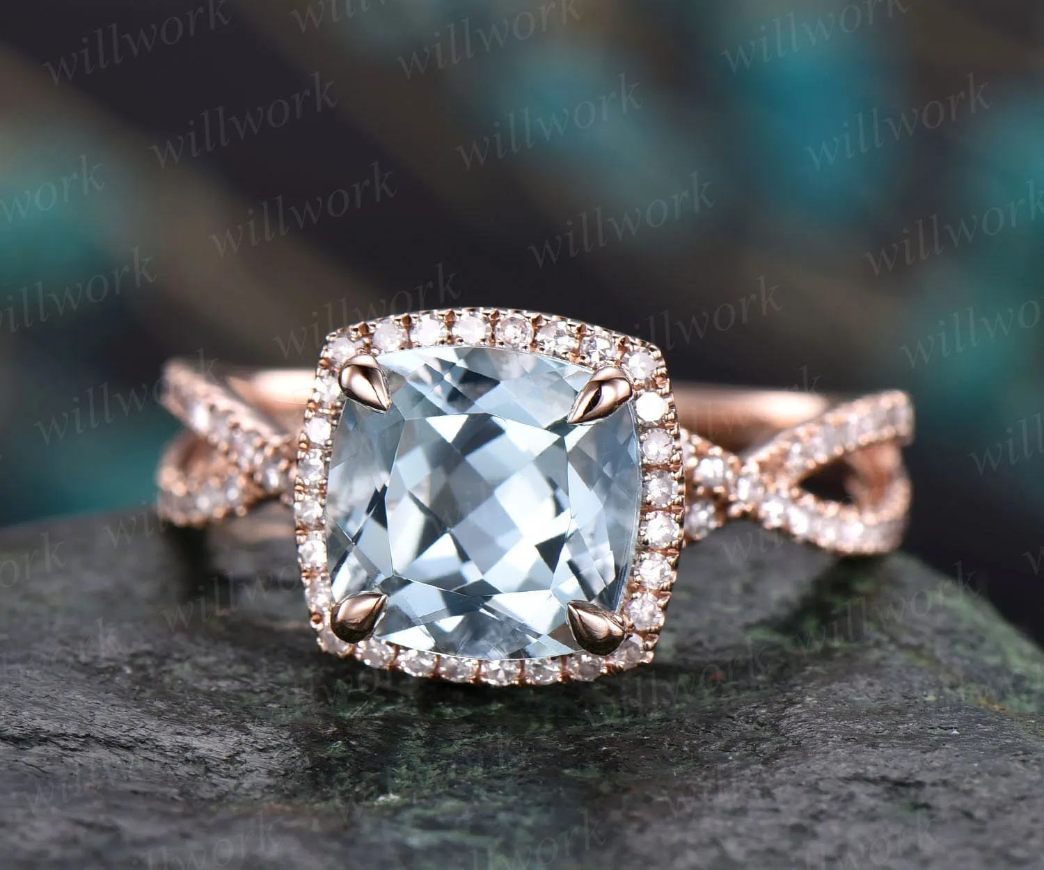 8mm cushion halo cluster aquamarine engagement ring 14k rose gold halo infinity diamond unique March birthstone wedding ring band for women sold by Willwork Jewelry product image thumbnail 3