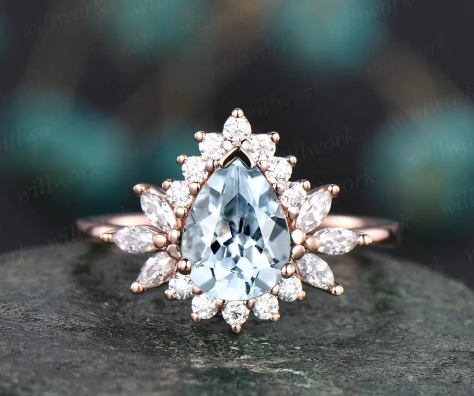 6x8mm pear aquamarine ring vintage aquamarine engagement ring rose gold ring Personalized marquise moissanite ring March birthstone ring sold by Willwork Jewelry
