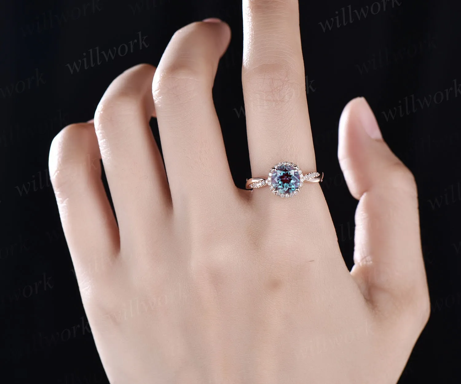 Round shaped Alexandrite ring vintage Alexandrite engagement ring solid 14k rose gold ring infinity diamond halo ring women dainty jewelry sold by Willwork Jewelry product image thumbnail 2