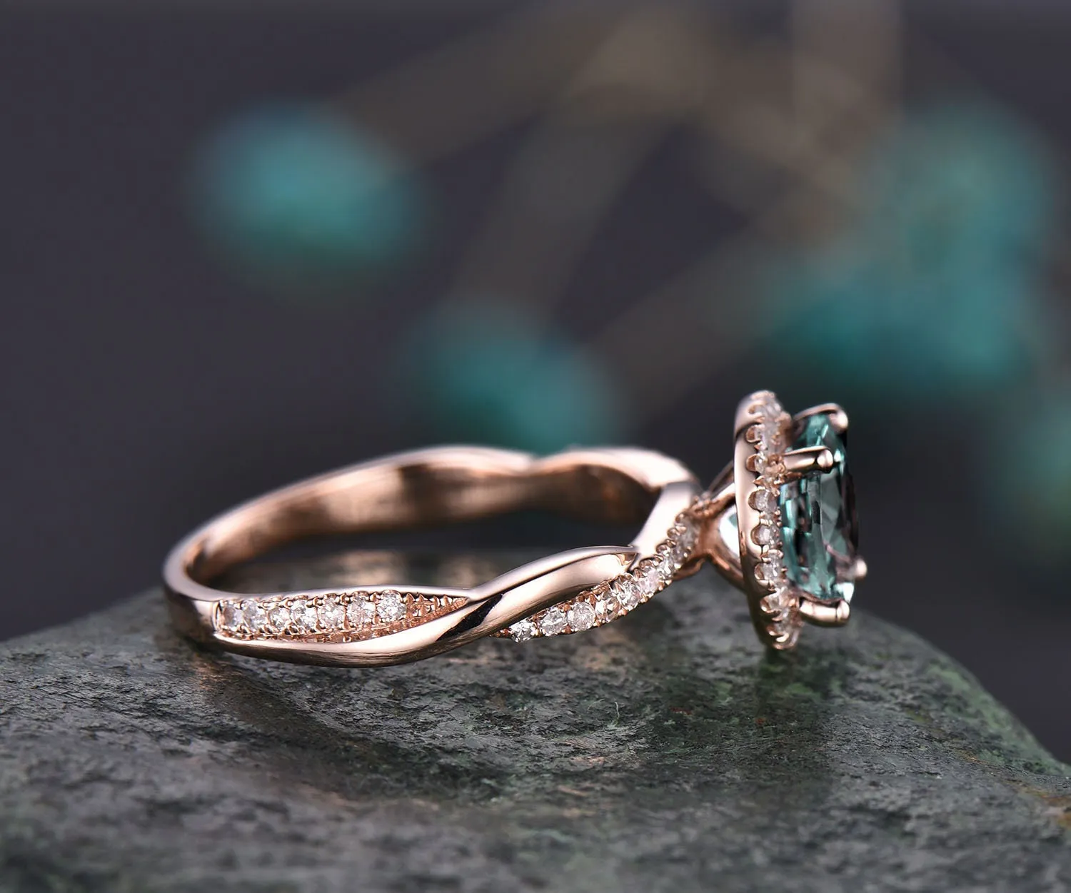 Round shaped Alexandrite ring vintage Alexandrite engagement ring solid 14k rose gold ring infinity diamond halo ring women dainty jewelry sold by Willwork Jewelry product image thumbnail 4