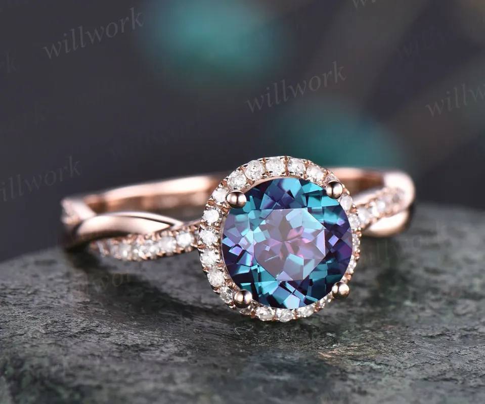 Round shaped Alexandrite ring vintage Alexandrite engagement ring solid 14k rose gold ring infinity diamond halo ring women dainty jewelry sold by Willwork Jewelry