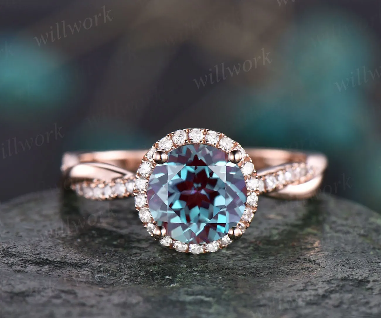 Round shaped Alexandrite ring vintage Alexandrite engagement ring solid 14k rose gold ring infinity diamond halo ring women dainty jewelry sold by Willwork Jewelry product image thumbnail 3