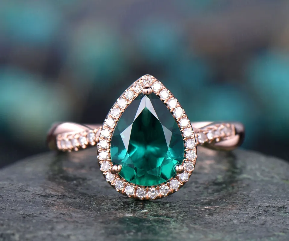 7x9mm green emerald engagement ring 14k rose gold emerald ring gold vintage diamond halo ring May birthstone gift women bridal wedding ring sold by Willwork Jewelry