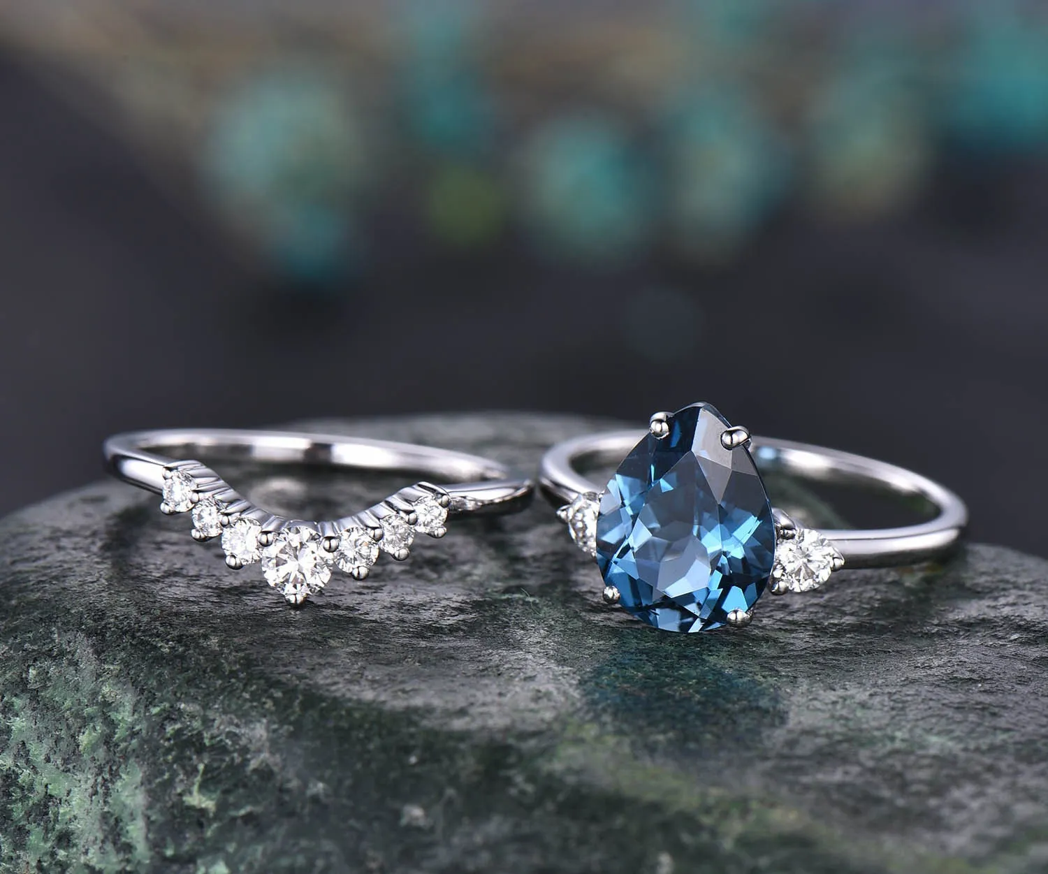 2pcs 8x10mm Pear Topaz Ring Set Three Stone London Blue Topaz Engagement Ring Set White Gold Vintage Moissanite Wedding Bridal Ring Set Gift sold by Willwork Jewelry product image thumbnail 3