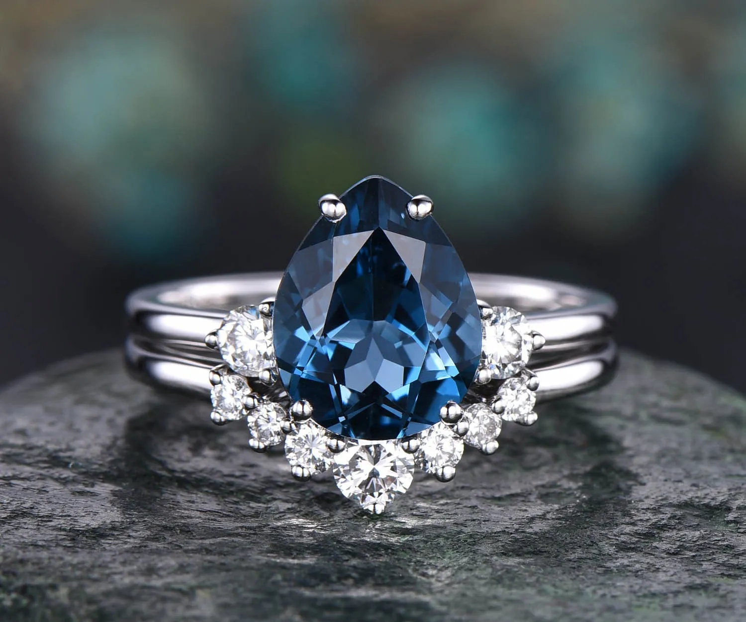 2pcs 8x10mm Pear Topaz Ring Set Three Stone London Blue Topaz Engagement Ring Set White Gold Vintage Moissanite Wedding Bridal Ring Set Gift sold by Willwork Jewelry