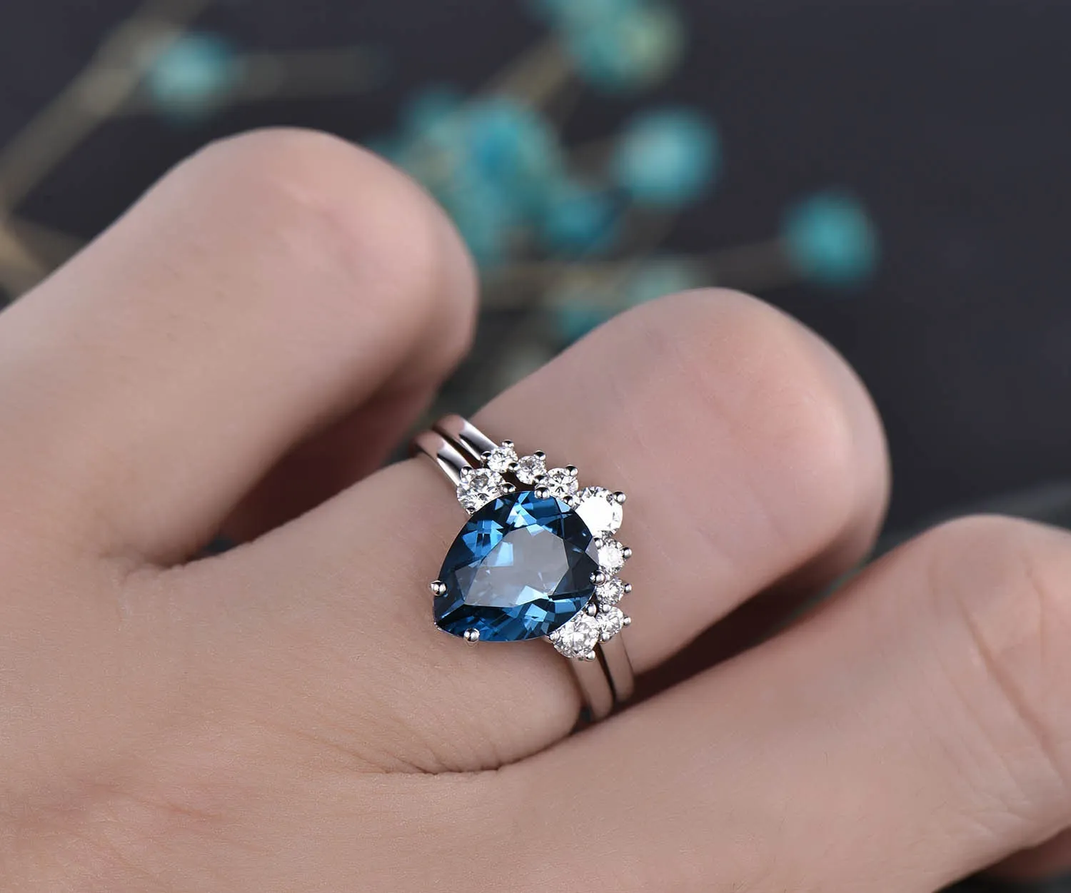 2pcs 8x10mm Pear Topaz Ring Set Three Stone London Blue Topaz Engagement Ring Set White Gold Vintage Moissanite Wedding Bridal Ring Set Gift sold by Willwork Jewelry product image thumbnail 2