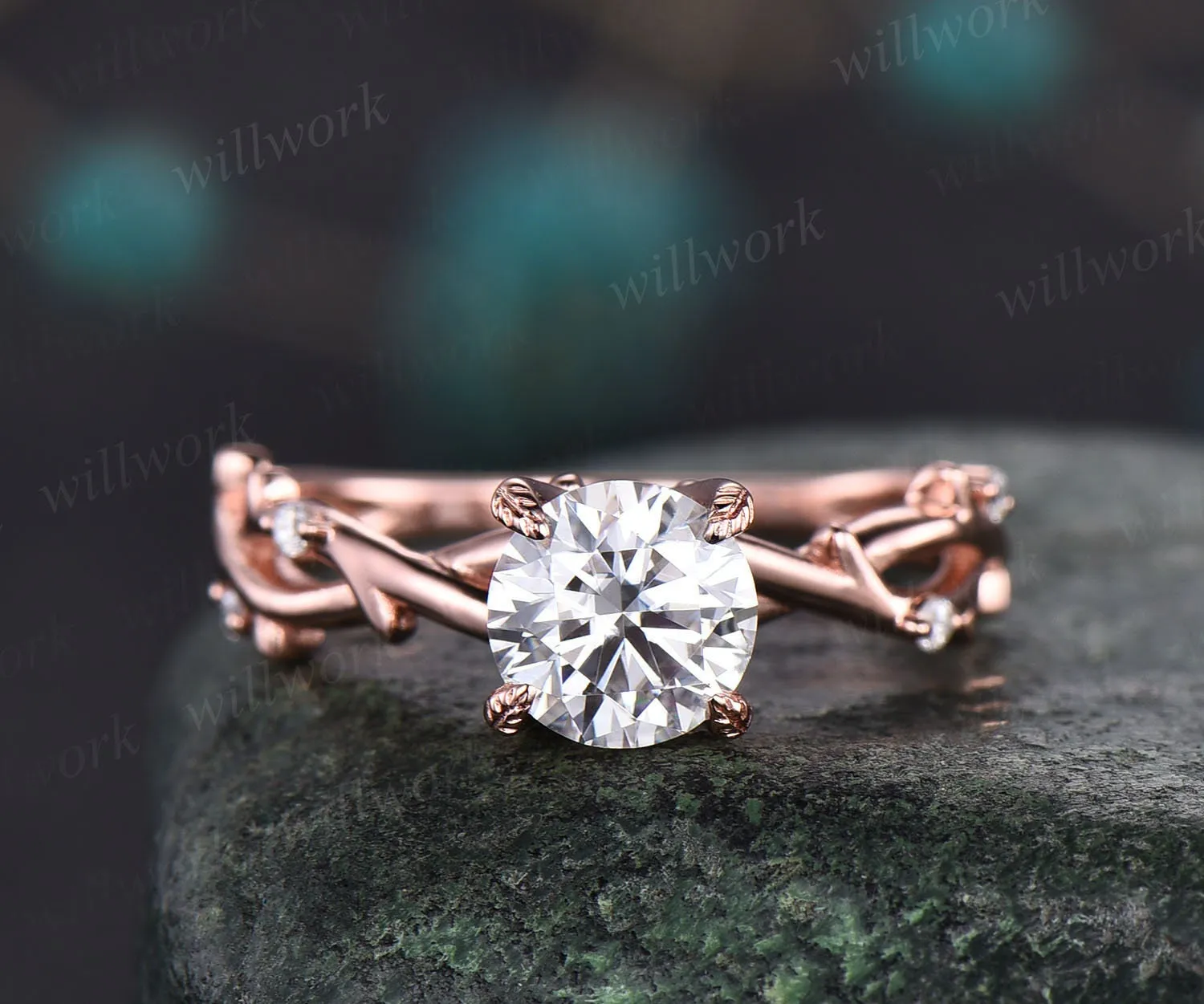 Vintage moissanite engagement ring art deco ring rose gold round cut ring twisted leaf diamond ring prong set antique anniversary ring gift sold by Willwork Jewelry product image thumbnail 4