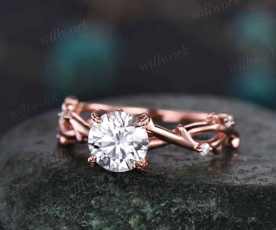 Vintage moissanite engagement ring art deco ring rose gold round cut ring twisted leaf diamond ring prong set antique anniversary ring gift sold by Willwork Jewelry
