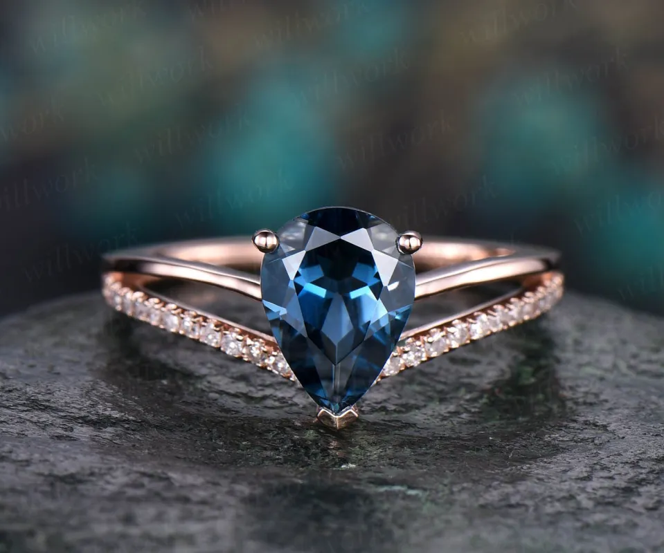 Pear London blue topaz engagement ring solid 14k rose gold ring split shank diamond ring 6x8mm topaz ring vintage gold women wedding ring sold by Willwork Jewelry