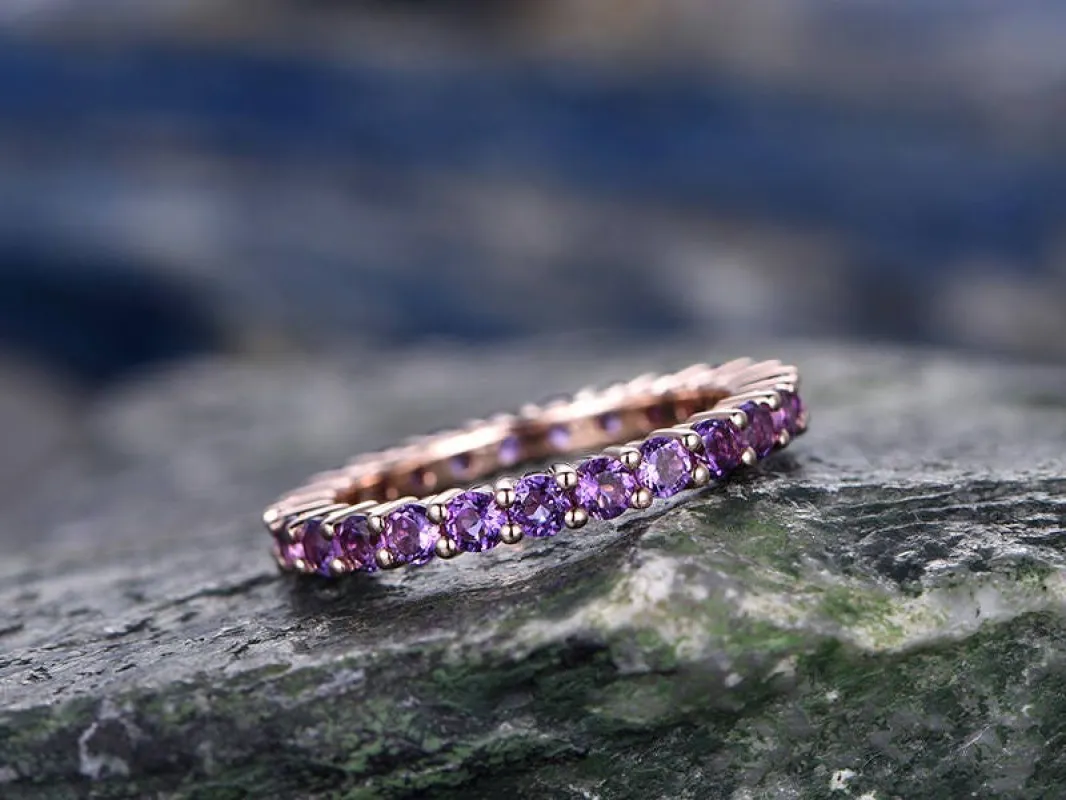 Natural 2mm round amethyst wedding ring band 14k rose gold unique antique full eternity matching band gift engagement bridal promise ring sold by Willwork Jewelry