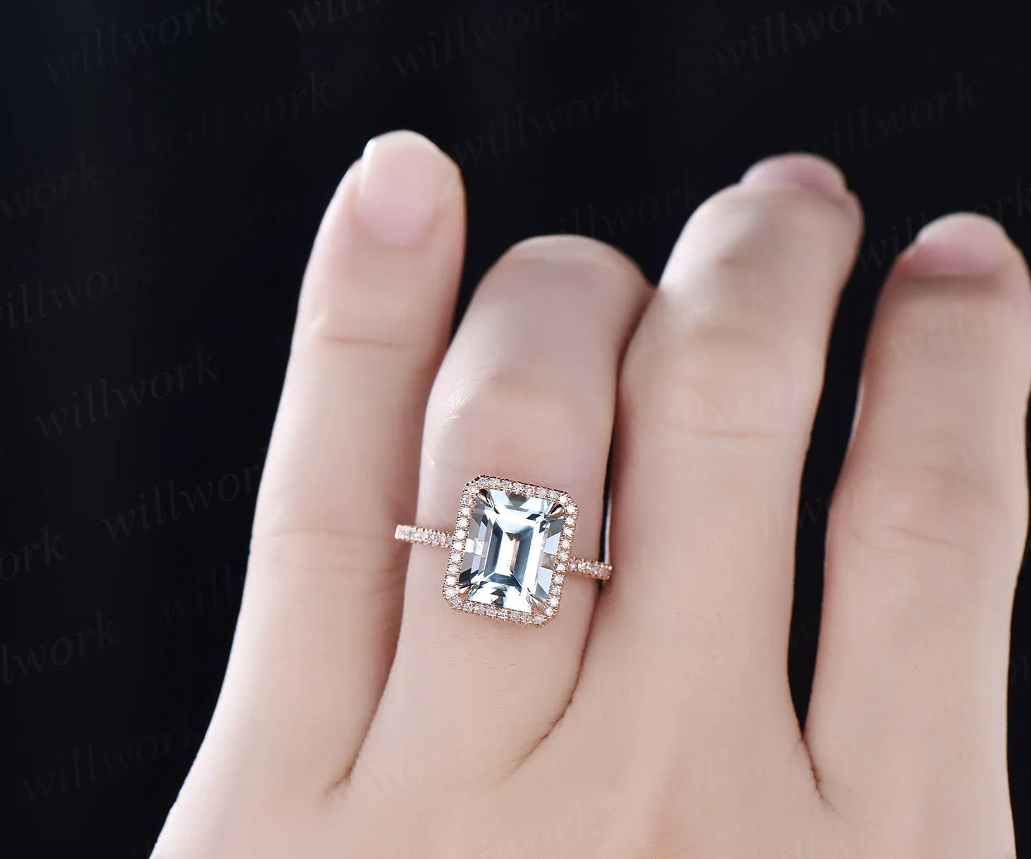 8x10mm emerald cut aquamarine engagement ring solid rose gold ring unique vintage diamond halo ring March birthstone ring custom jewelry sold by Willwork Jewelry product image thumbnail 2