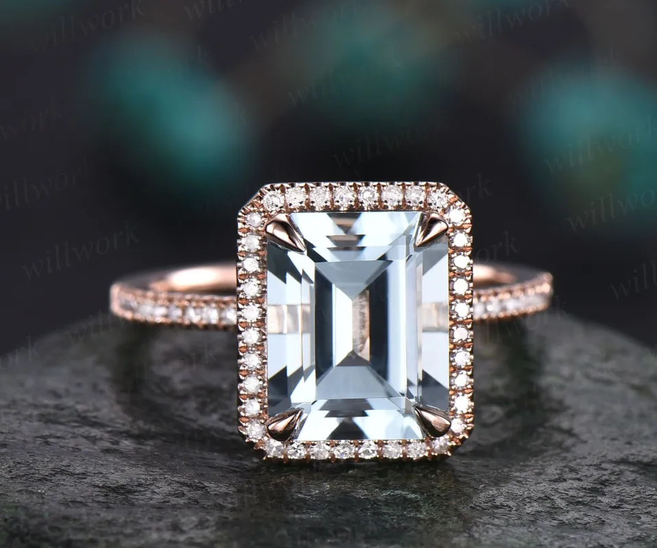 8x10mm emerald cut aquamarine engagement ring solid rose gold ring unique vintage diamond halo ring March birthstone ring custom jewelry sold by Willwork Jewelry
