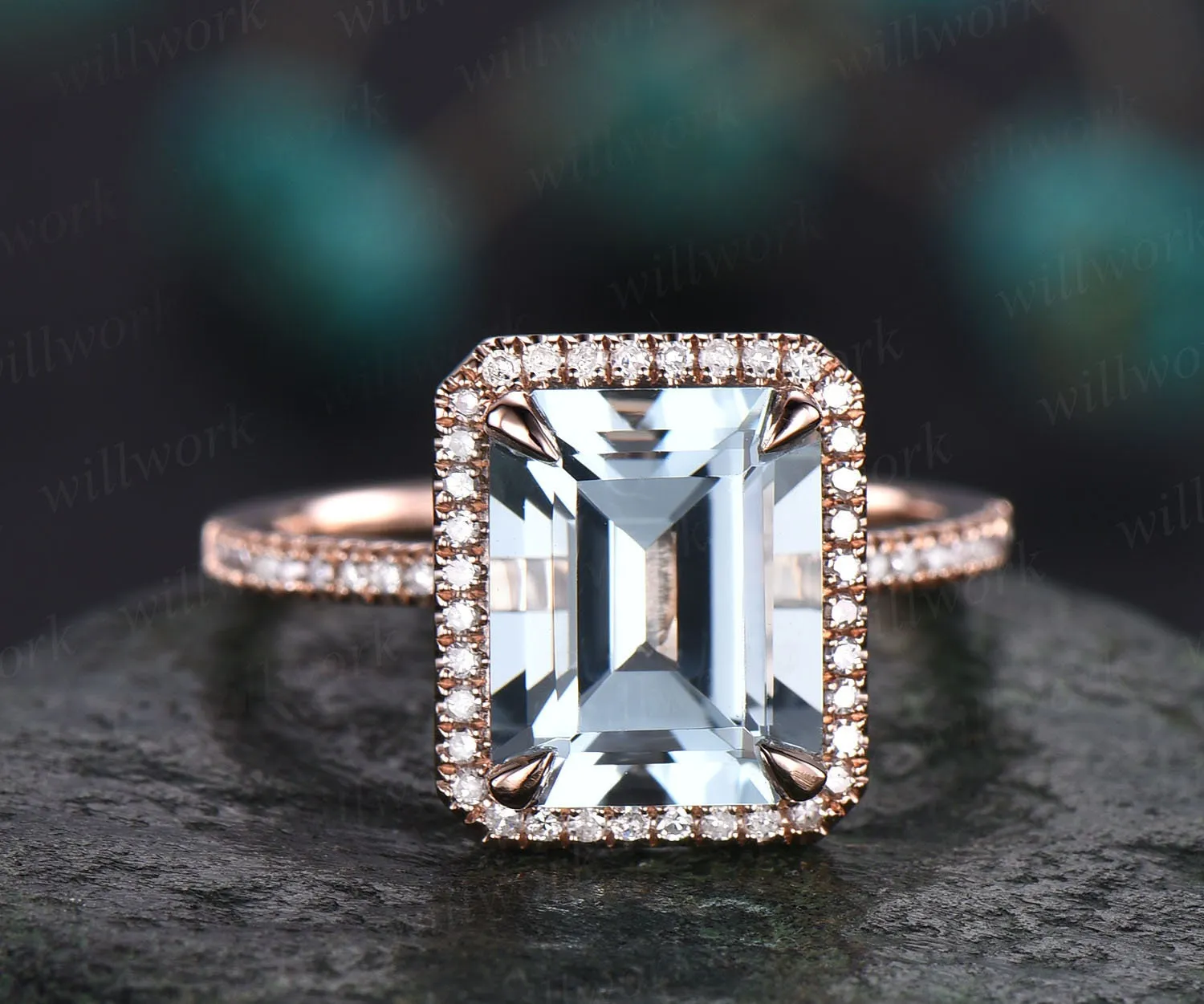 8x10mm emerald cut aquamarine engagement ring solid rose gold ring unique vintage diamond halo ring March birthstone ring custom jewelry sold by Willwork Jewelry