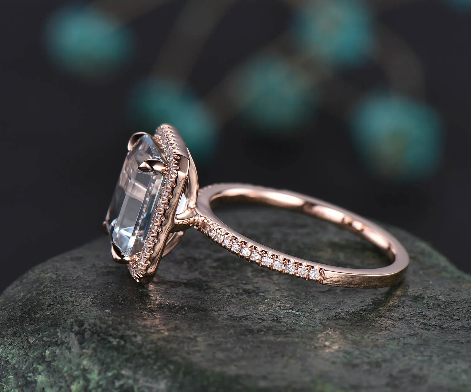 8x10mm emerald cut aquamarine engagement ring solid rose gold ring unique vintage diamond halo ring March birthstone ring custom jewelry sold by Willwork Jewelry product image thumbnail 3