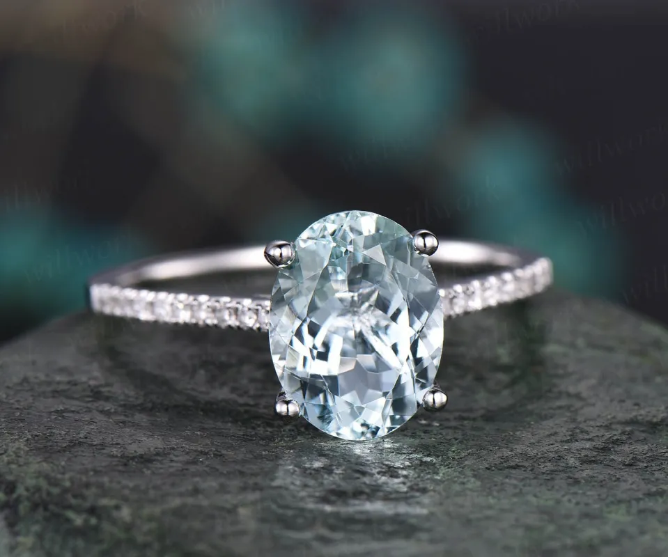 Vintage 8x10mm oval Aquamqrine engagement ring solid 14k white gold real diamond ring March birthstone ring anniversary unique gift jewelry made by Willwork Jewelry