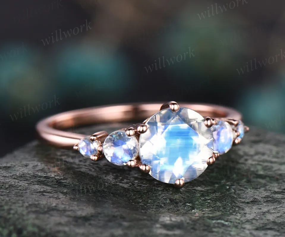 Moonstone ring minimalist vintage round moonstone engagement ring five stone ring rose gold silver for women anniversary promise ring gifts sold by Willwork Jewelry