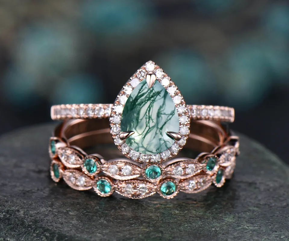 Unique vintage moss agate engagement ring set art deco diamond halo ring natural emerald ring set rose gold ring set wedding bridal set sold by Willwork Jewelry