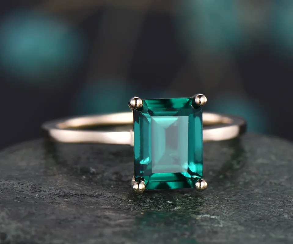 Emerald cut emerald engagement ring rose gold antique emerald ring gold handmade May birthstone ring wedding promise bridal ring jewelry sold by Willwork Jewelry