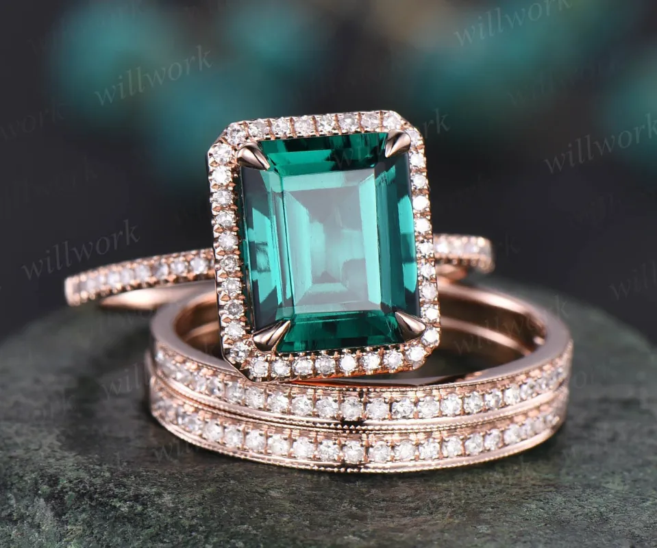 Unique bridal ring set emerald cut emerald engagement ring set vintage diamond ring set rose gold ring set for women Milgrain wedding ring sold by Willwork Jewelry