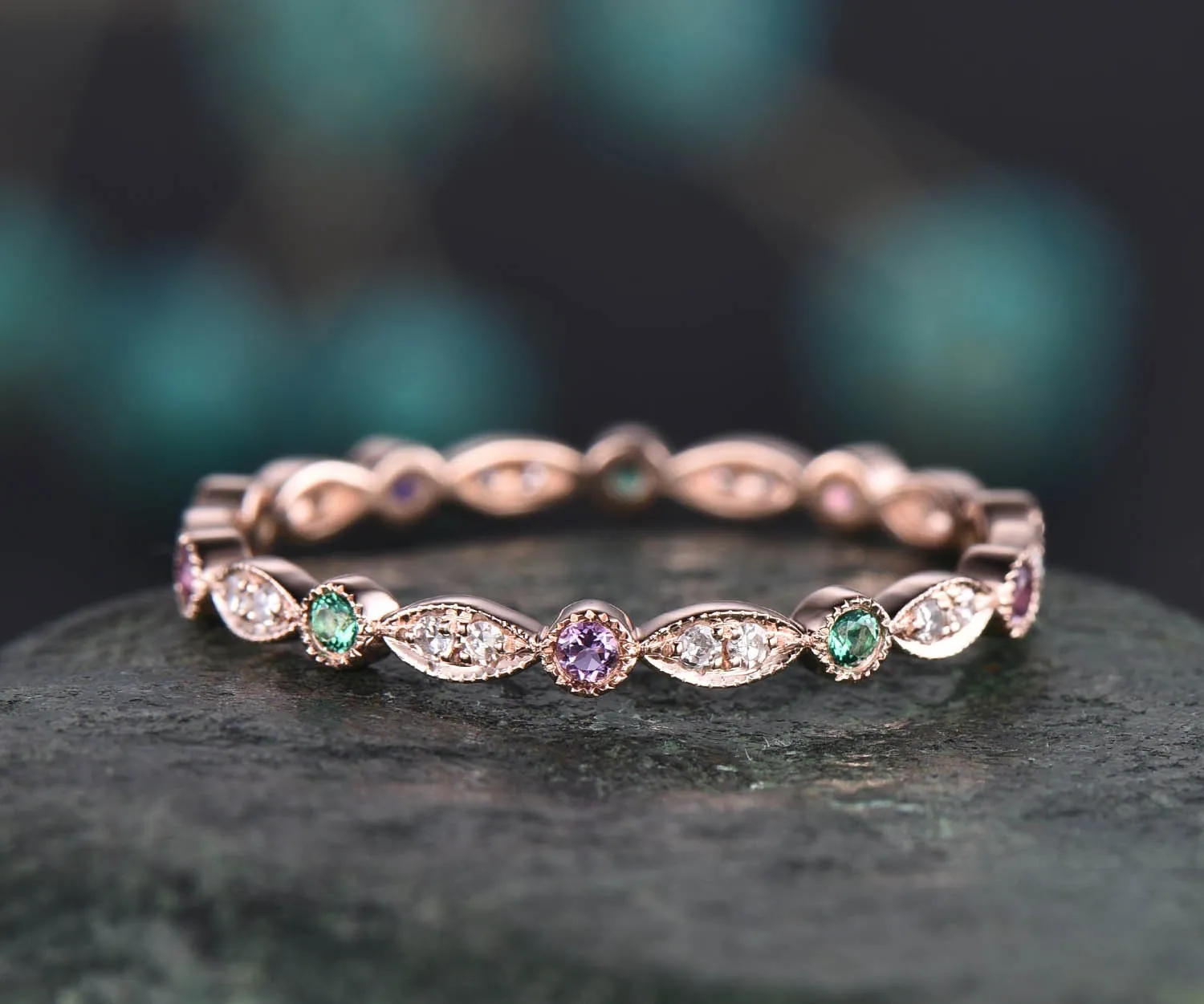 Natual emerald wedding ring full eternity amethyst diamond wedding band 14k rose gold matching stacking May birthstone ring anniversary gift sold by Willwork Jewelry product image thumbnail 3