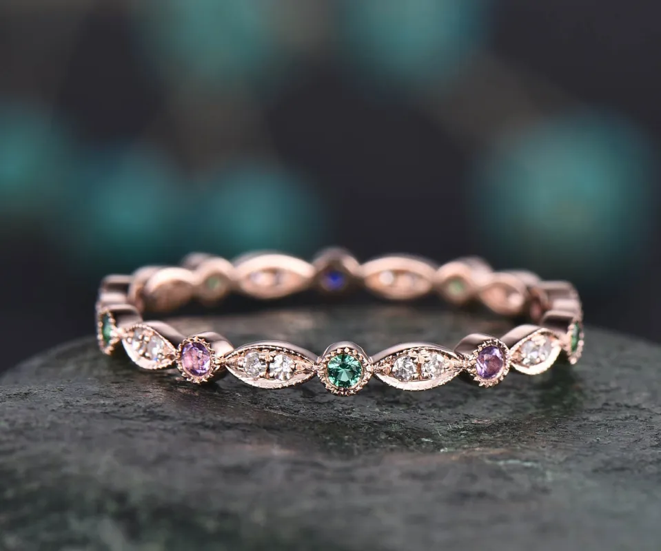 Natual emerald wedding ring full eternity amethyst diamond wedding band 14k rose gold matching stacking May birthstone ring anniversary gift sold by Willwork Jewelry