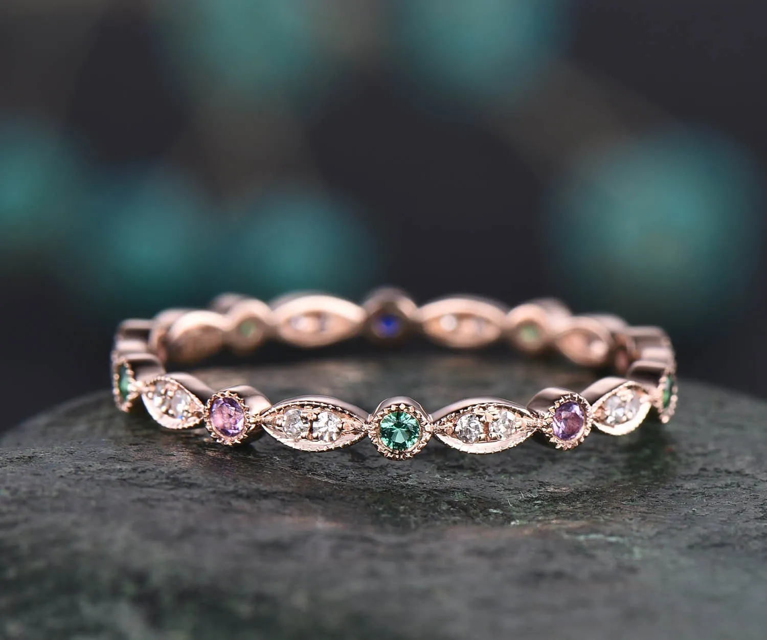 Natual emerald wedding ring full eternity amethyst diamond wedding band 14k rose gold matching stacking May birthstone ring anniversary gift sold by Willwork Jewelry