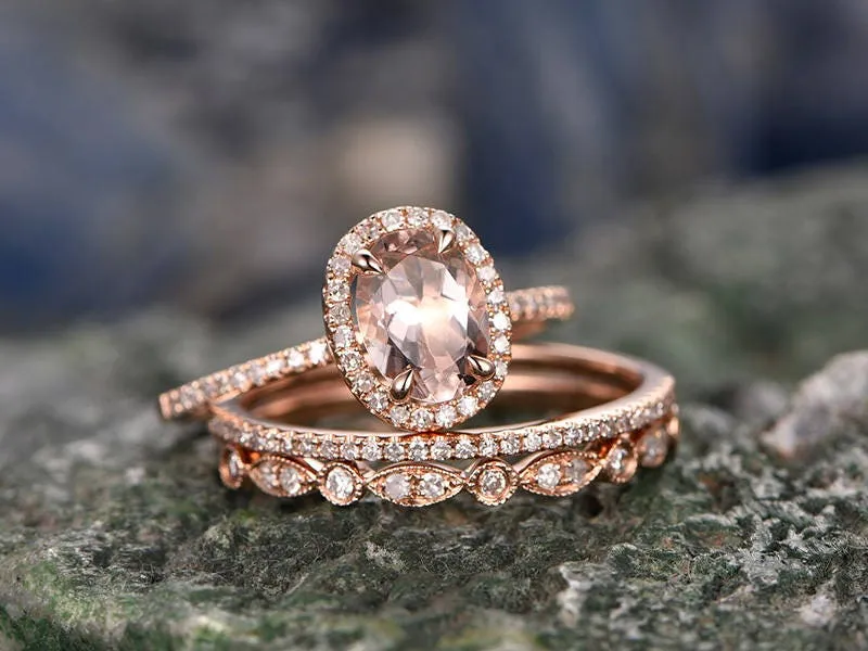 3pcs 6x8mm oval peach morganite engagement ring set solid 14k rose gold ring matching wedding set halo diamond anniversary bridal ring set sold by Willwork Jewelry