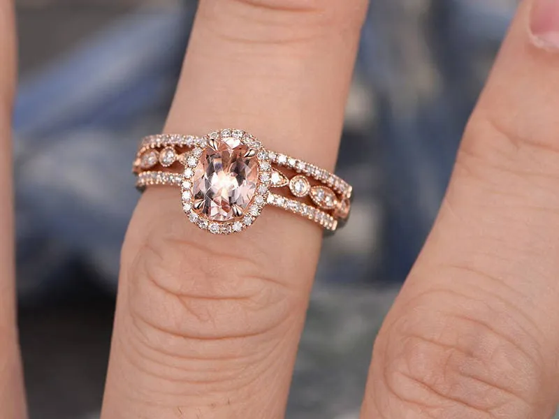 3pcs 6x8mm oval peach morganite engagement ring set solid 14k rose gold ring matching wedding set halo diamond anniversary bridal ring set sold by Willwork Jewelry product image thumbnail 2