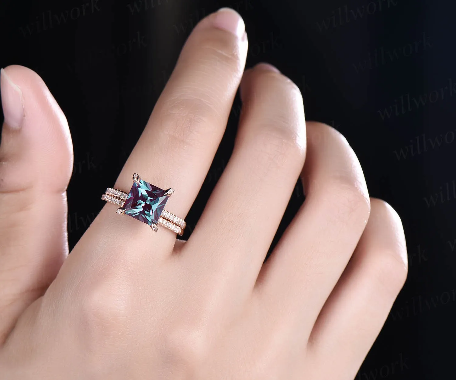 Princess cut ring pyramid diamond bridal set rose gold ring 2pcs Alexandrite engagement ring set unique vintage ring custom jewelry gift sold by Willwork Jewelry product image thumbnail 2