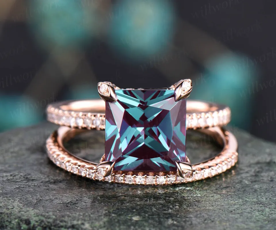 Princess cut ring pyramid diamond bridal set rose gold ring 2pcs Alexandrite engagement ring set unique vintage ring custom jewelry gift sold by Willwork Jewelry