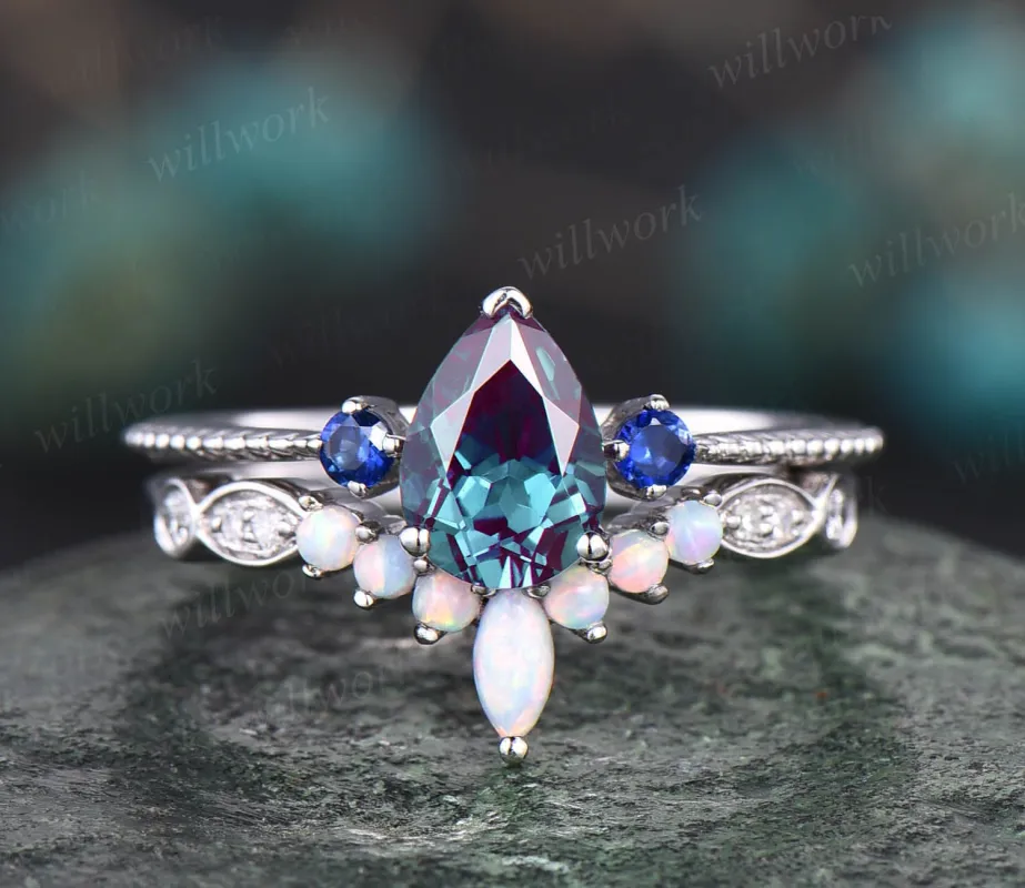 Vintage Alexandrite engagement ring set three stone sapphire ring set art deco opal ring gold silver moissanite ring for women wedding set sold by Willwork Jewelry