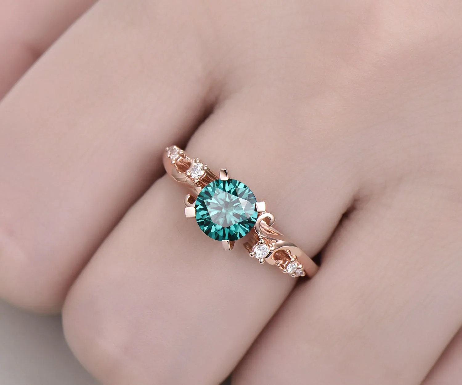 Vintage colorful green moissanite engagement ring diamond ring antique rose gold ring unique best perfect engagement ring for women fiancee sold by Willwork Jewelry product image thumbnail 2