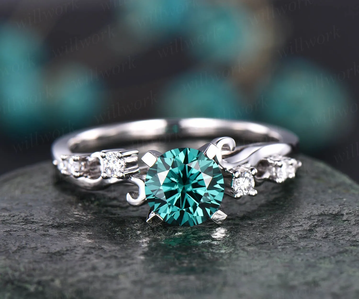 Vintage colorful green moissanite engagement ring diamond ring antique rose gold ring unique best perfect engagement ring for women fiancee sold by Willwork Jewelry product image thumbnail 5