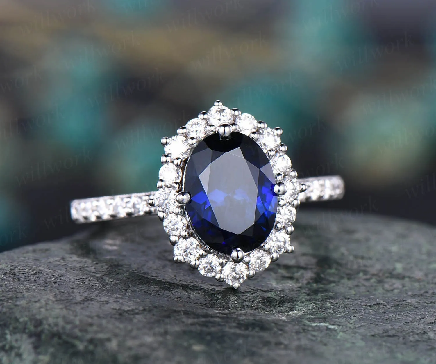 6x8mm oval cut blue sapphire engagement ring white rose gold moissanite halo vintage for women her vintage antique bridal wedding ring band sold by Willwork Jewelry product image thumbnail 5