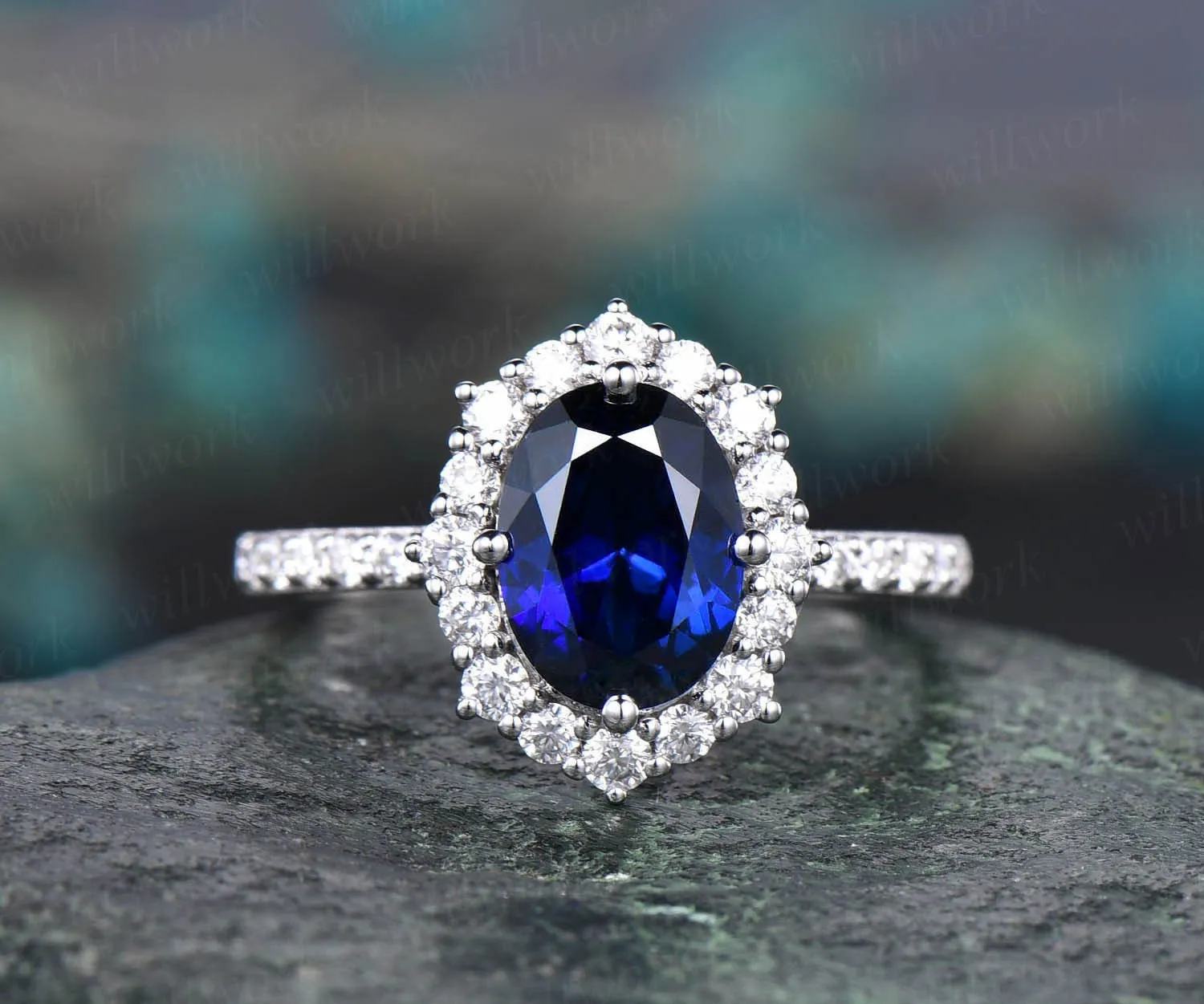 6x8mm oval cut blue sapphire engagement ring white rose gold moissanite halo vintage for women her vintage antique bridal wedding ring band sold by Willwork Jewelry product image thumbnail 3