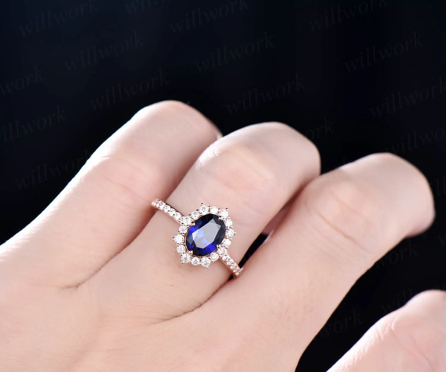 6x8mm oval cut blue sapphire engagement ring white rose gold moissanite halo vintage for women her vintage antique bridal wedding ring band sold by Willwork Jewelry product image thumbnail 2