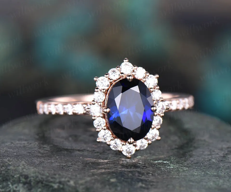 6x8mm oval cut blue sapphire engagement ring white rose gold moissanite halo vintage for women her vintage antique bridal wedding ring band sold by Willwork Jewelry