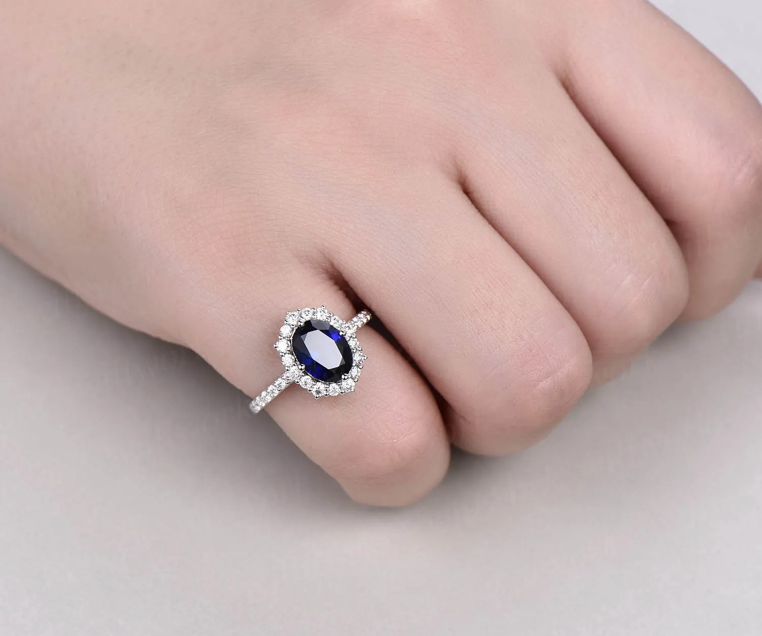 6x8mm oval cut blue sapphire engagement ring white rose gold moissanite halo vintage for women her vintage antique bridal wedding ring band sold by Willwork Jewelry product image thumbnail 4