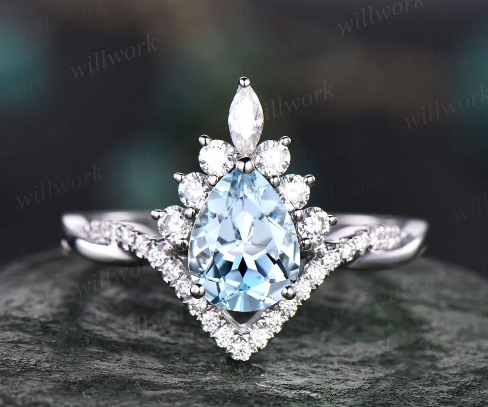 Vintage aquamarine ring gold for women unique pear shaped aquamarine engagement ring halo art deco infinity moissanite ring 14k white gold sold by Willwork Jewelry
