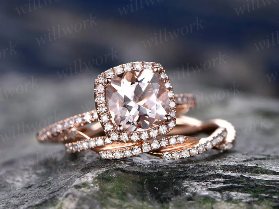 Cushion Morganite engagement ring-Solid 14k Rose gold morganite ring set-Twisted Real Diamond Band- promise ring for her -halo wedding band made by Willwork Jewelry