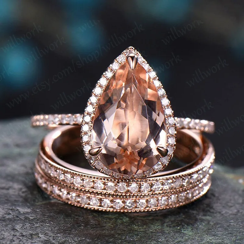 8x12mm morganite engagement ring set rose gold diamond halo ring 3pcs morganite bridal set antique matching stacking wedding promise ring made by Willwork Jewelry