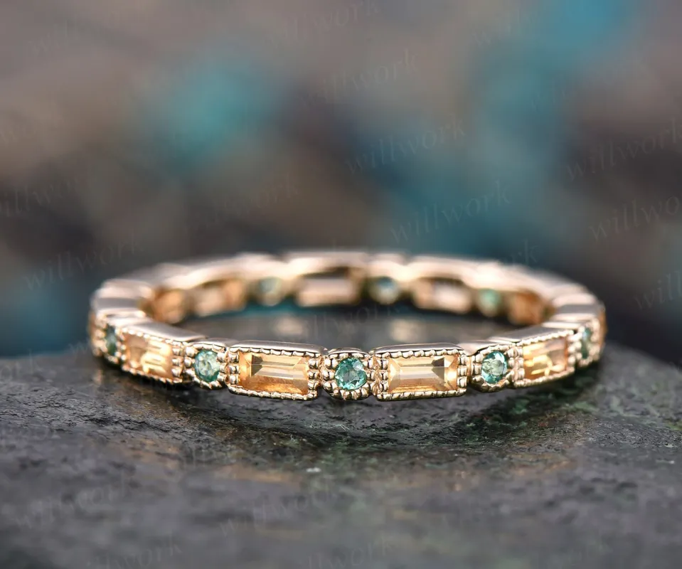 Natural citrine wedding band natural emerald wedding ring band solid 14k yellow gold unique ring full eternity matching band engagement ring sold by Willwork Jewelry