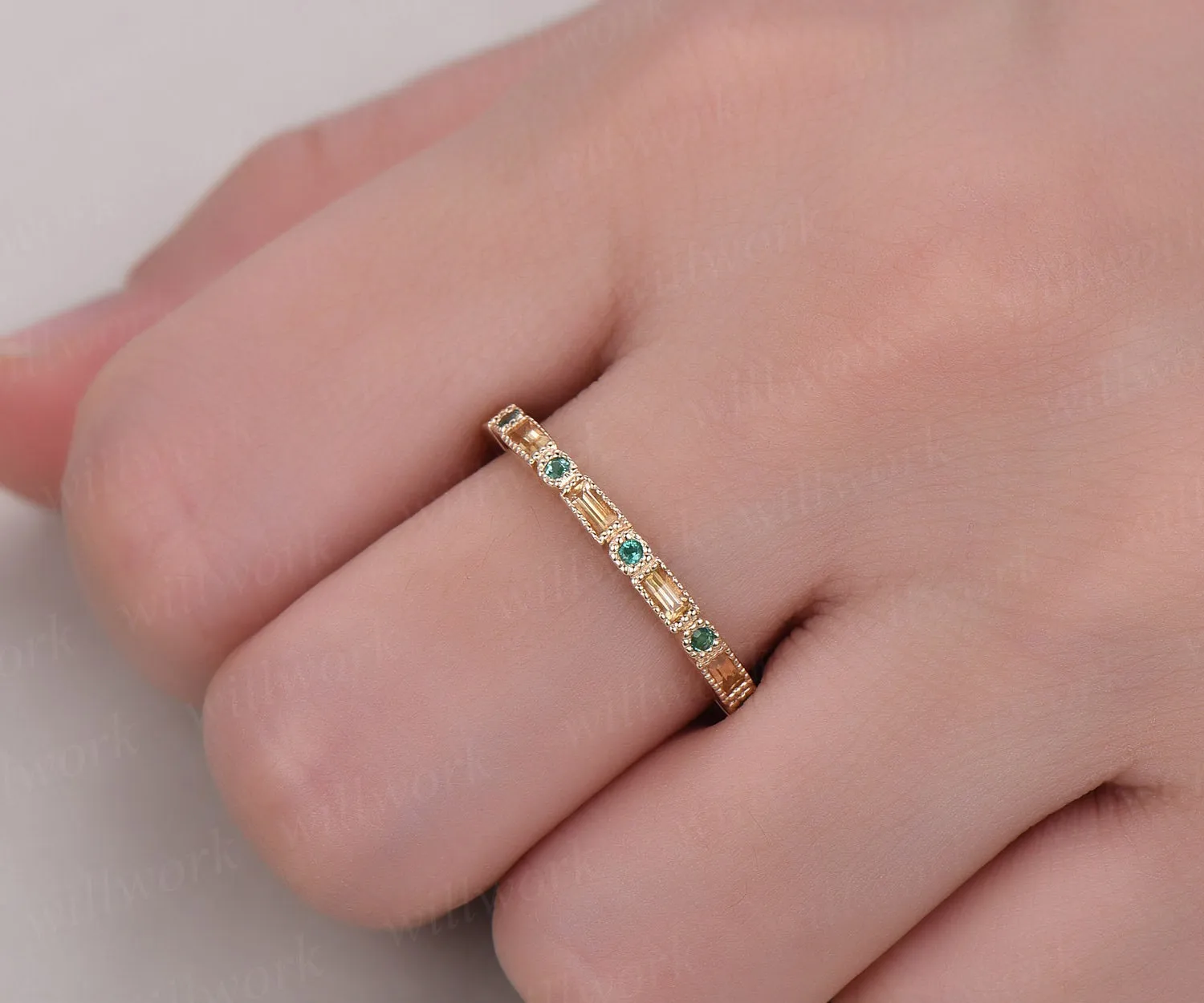 Natural citrine wedding band natural emerald wedding ring band solid 14k yellow gold unique ring full eternity matching band engagement ring sold by Willwork Jewelry product image thumbnail 2