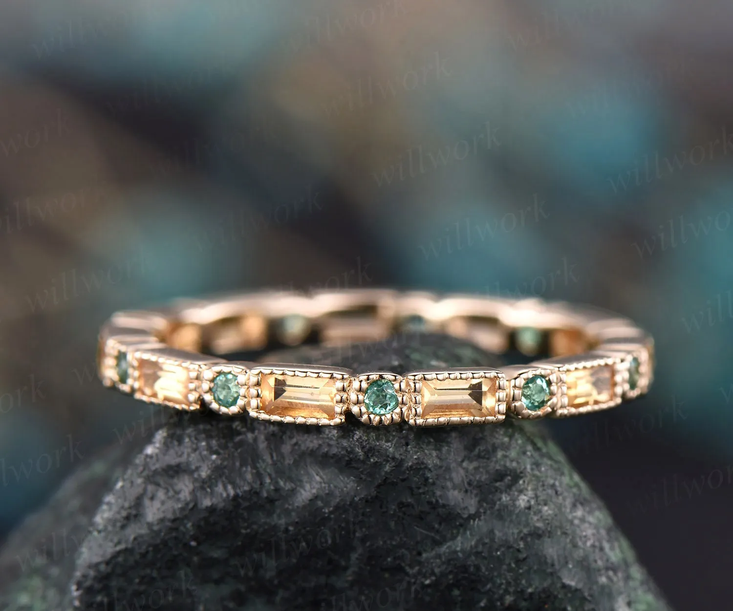 Natural citrine wedding band natural emerald wedding ring band solid 14k yellow gold unique ring full eternity matching band engagement ring sold by Willwork Jewelry product image thumbnail 3