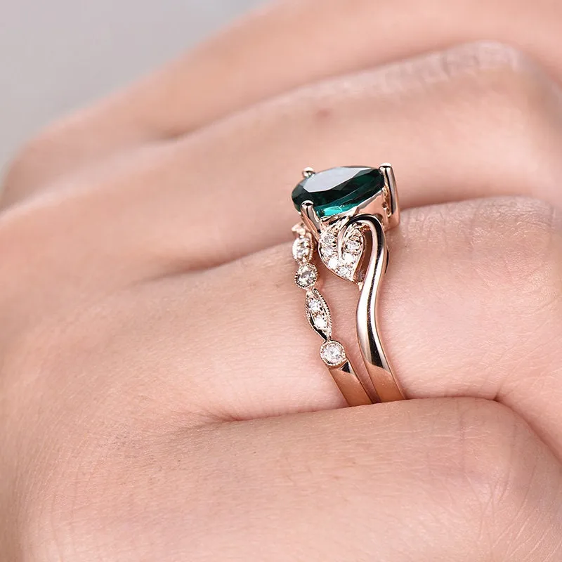 2pcs pear emerald engagement ring set rose gold emerald ring vintage art deco flower diamond wedding bridal ring set May birthstone ring sold by Willwork Jewelry product image thumbnail 5