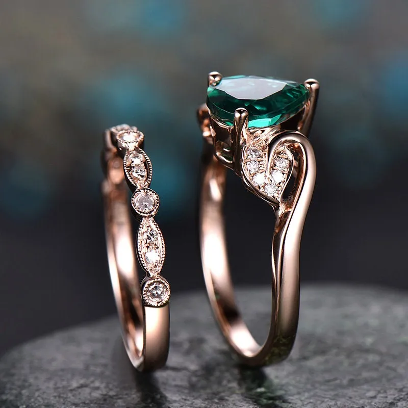 2pcs pear emerald engagement ring set rose gold emerald ring vintage art deco flower diamond wedding bridal ring set May birthstone ring sold by Willwork Jewelry product image thumbnail 4