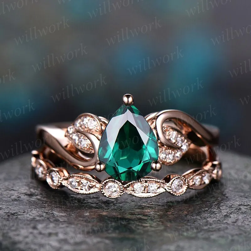 2pcs pear emerald engagement ring set rose gold emerald ring vintage art deco flower diamond wedding bridal ring set May birthstone ring sold by Willwork Jewelry