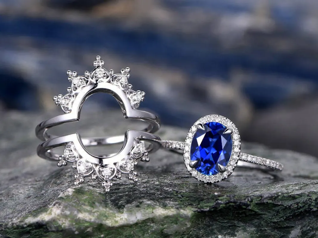 Blue sapphire engagement ring set white rose gold 2pc sapphire ring gold vintage diamond halo flower crown women wedding bridal ring set sold by Willwork Jewelry